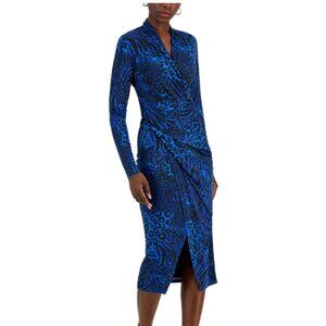 Rachel Roy Bret Jersey Faux-Wrap Midi Dress Cobalt Animal XL V Neck Blue Black